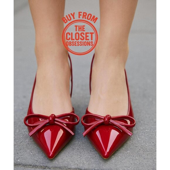 ZARA Patent Pointed Toe Slingback Heels NWT – Red Bow Pumps, Size 6.5–10 - Picture 2 of 16